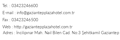 Gaziantep Plaza Hotel telefon numaralar, faks, e-mail, posta adresi ve iletiim bilgileri